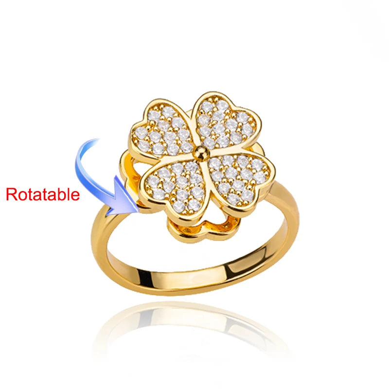 Rotating Four-Leaf Clover Ring — Anti-Stress Pave Zircon Gold Band