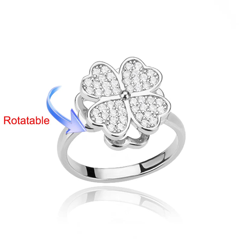 Rotating Four-Leaf Clover Ring — Anti-Stress Pave Zircon Gold Band