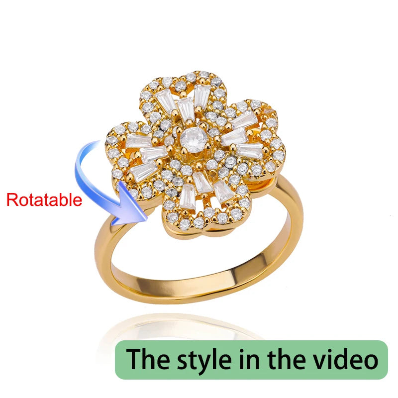 Rotating Four-Leaf Clover Ring — Anti-Stress Pave Zircon Gold Band