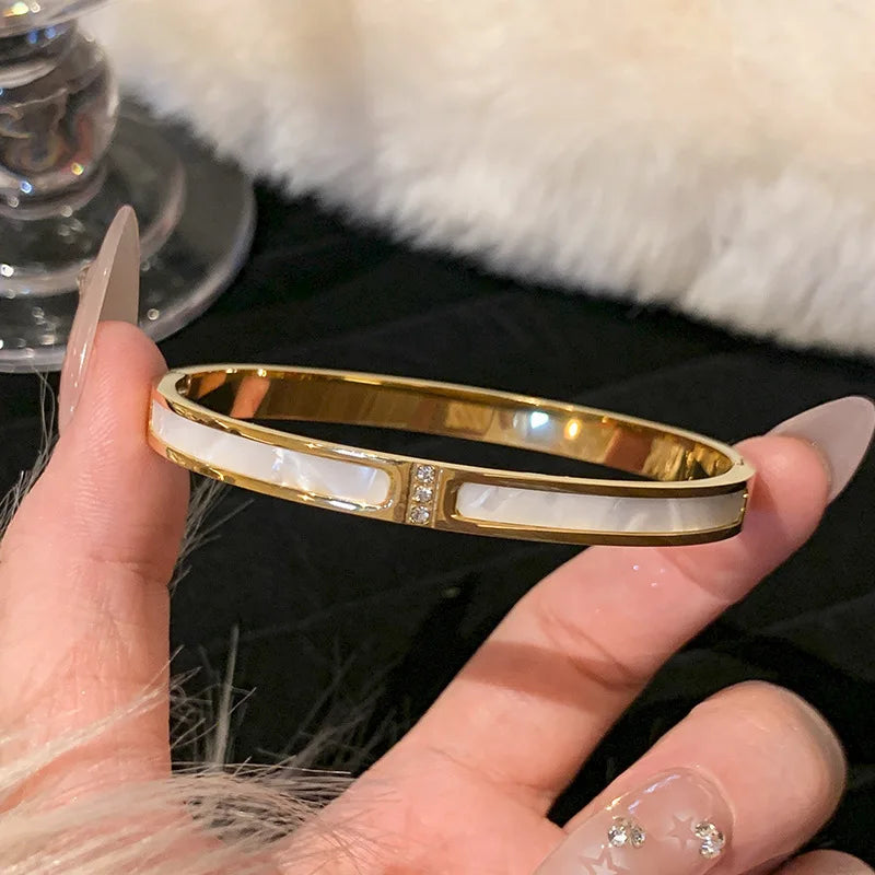 Sparkling Zircon Cuff Bangle — 14K Gold Titanium Steel Bracelet for Women