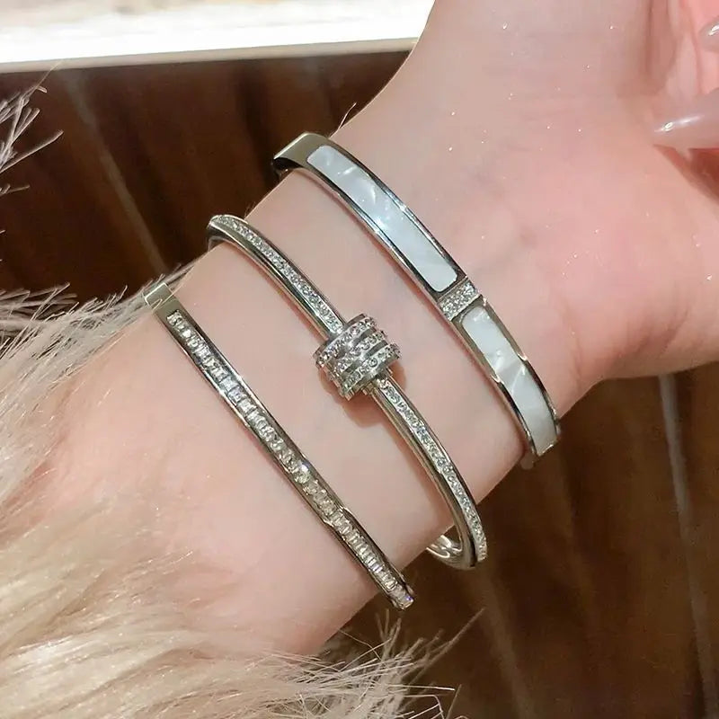 Sparkling Zircon Cuff Bangle — 14K Gold Titanium Steel Bracelet for Women