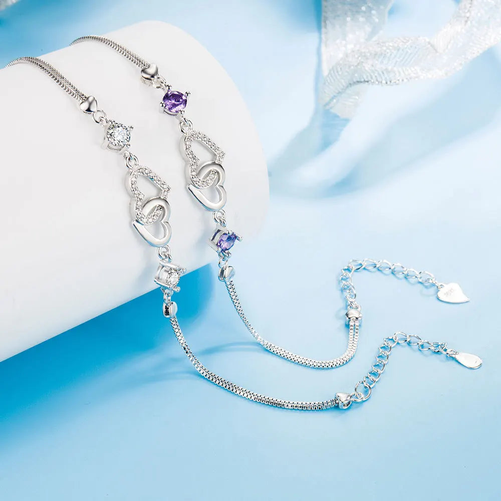 Natural Amethyst & Zircon Heart Bracelet | 925 Sterling Silver Charm Jewelry