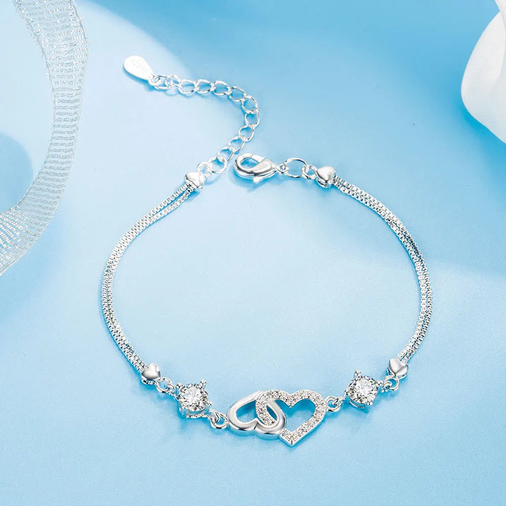 Natural Amethyst & Zircon Heart Bracelet | 925 Sterling Silver Charm Jewelry