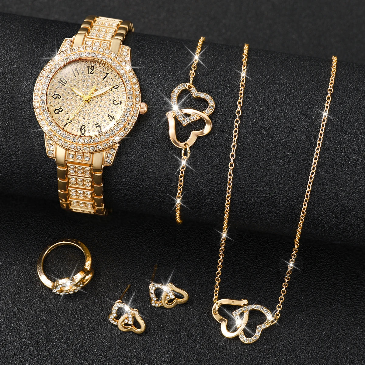 Luxe Heart Jewelry Set with Rhinestone Quartz Watch – 6 Pcs Stainless Steel