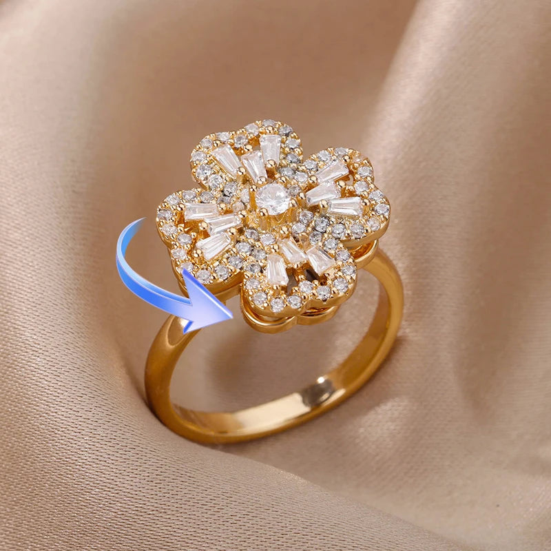 Rotating Four-Leaf Clover Ring — Anti-Stress Pave Zircon Gold Band