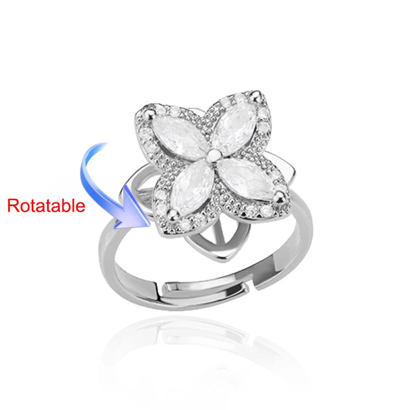 Rotating Four-Leaf Clover Ring — Anti-Stress Pave Zircon Gold Band