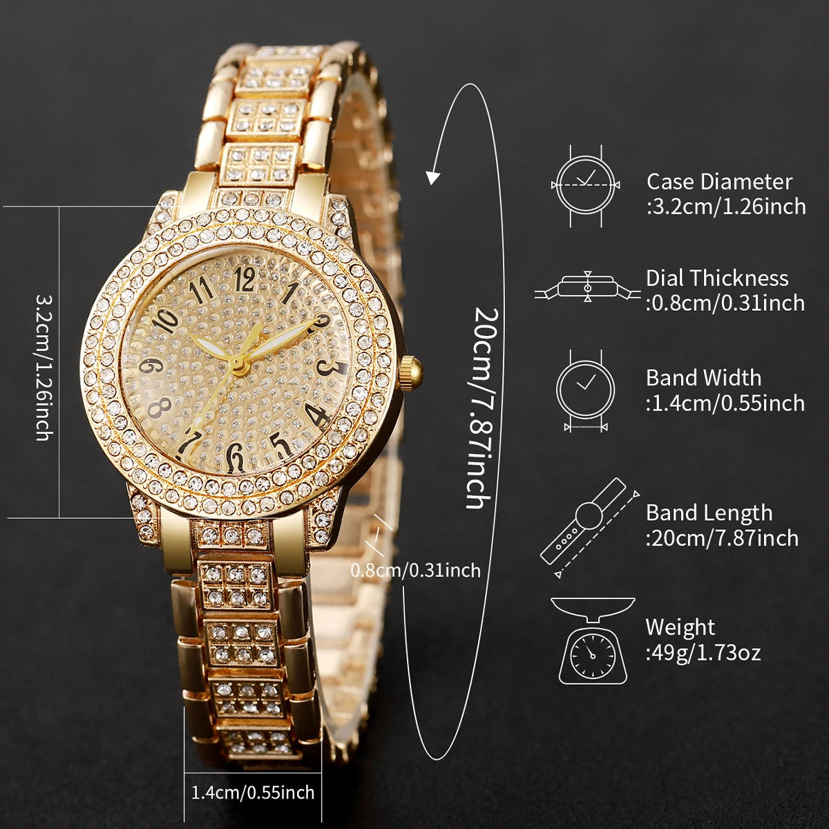 Luxe Heart Jewelry Set with Rhinestone Quartz Watch – 6 Pcs Stainless Steel