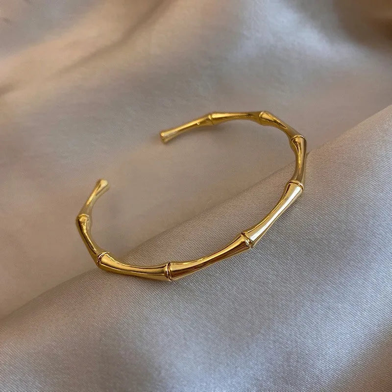 Sparkling Zircon Cuff Bangle — 14K Gold Titanium Steel Bracelet for Women
