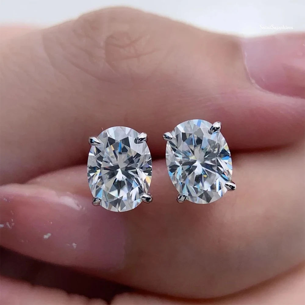 Oval Moissanite Stud Earrings — D Color VVS1, GRA Certified 925 Silver