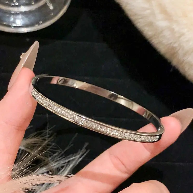 Sparkling Zircon Cuff Bangle — 14K Gold Titanium Steel Bracelet for Women